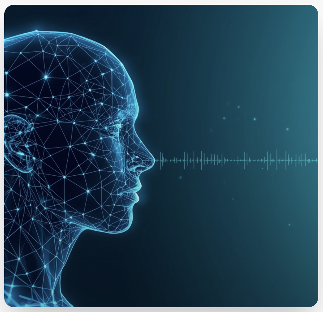 Wireframe head emitting voice waveform